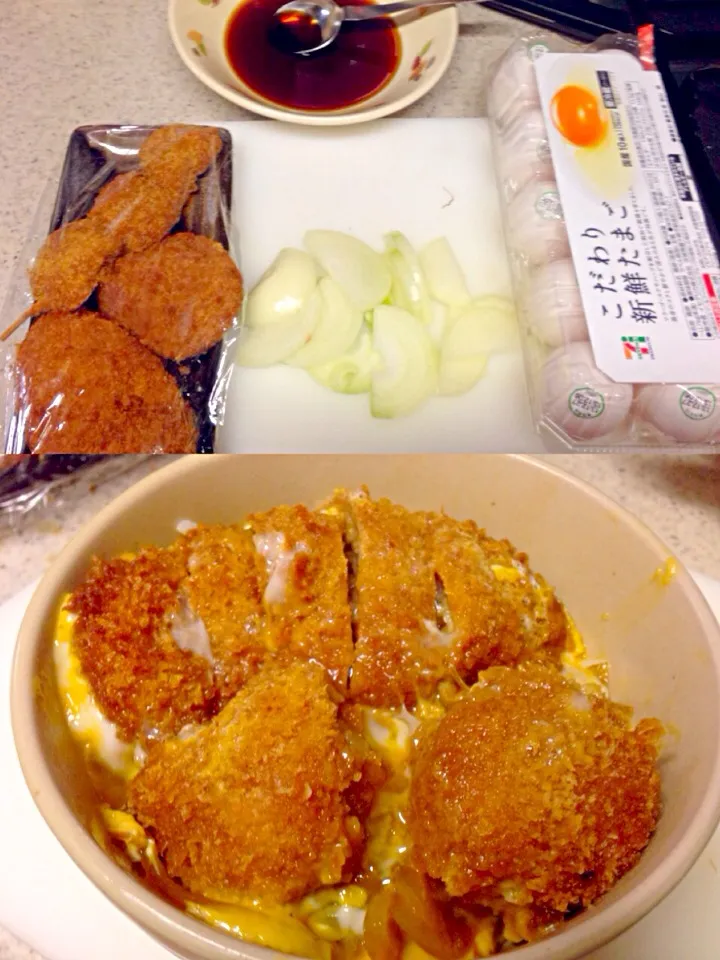 Snapdishの料理写真:メンチとポテトの卵煮とじ丼|マニラ男さん