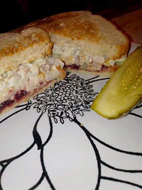 Turkey salad sandwich on multigrain bread, with horseradish spread honey mustard, and cranberry sauce.|Polly Gelfusoさん