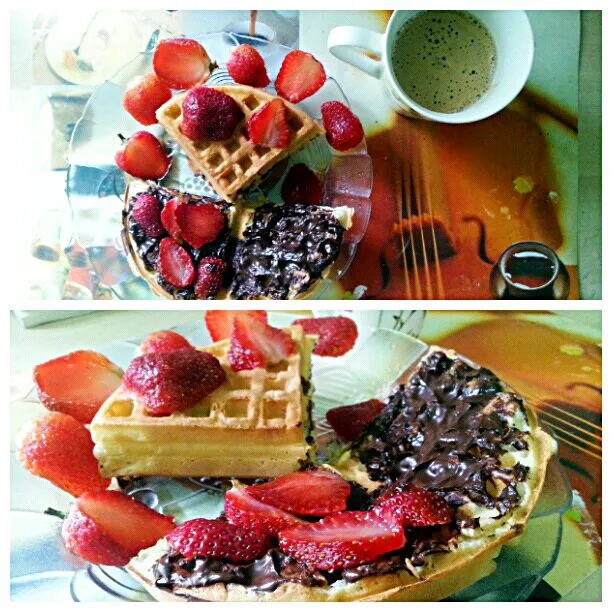 Tea time. Chocolate waffle with strawberries. ♡|Azrinohさん