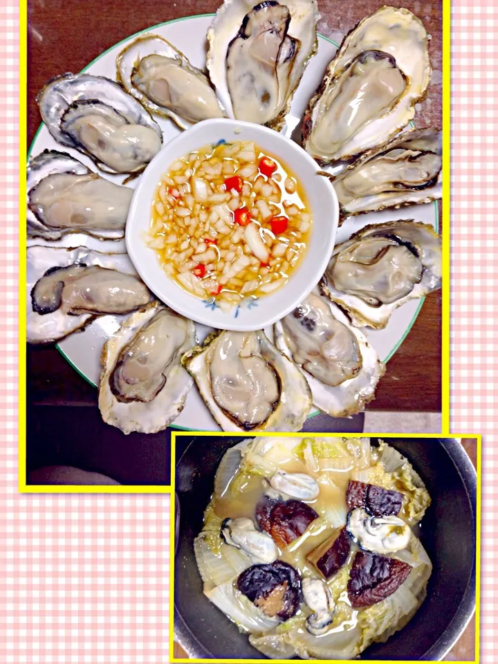 Snapdishの料理写真:カキのスチームと鍋 (steam oysters & w/chinese cabbage in a pot(*^o^*)|Miki Jorierose Obispoさん