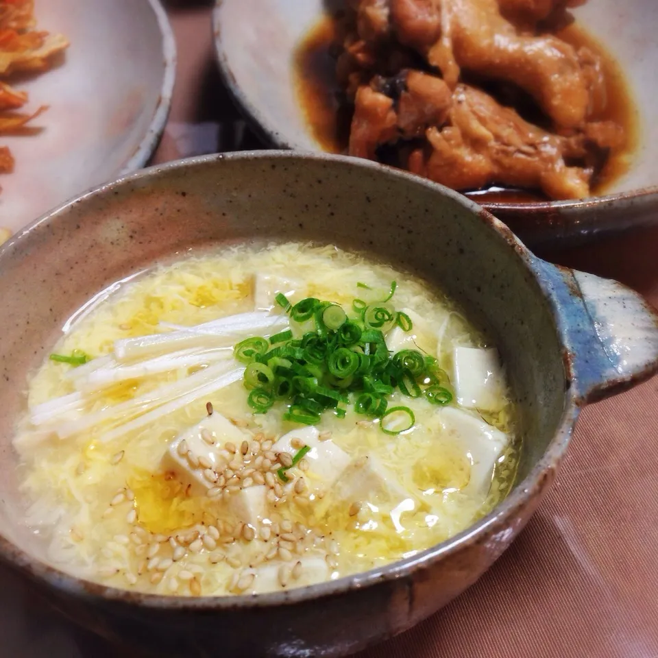 白髪葱と木綿豆腐のとろとろ玉子スープ。|うさ爺さん