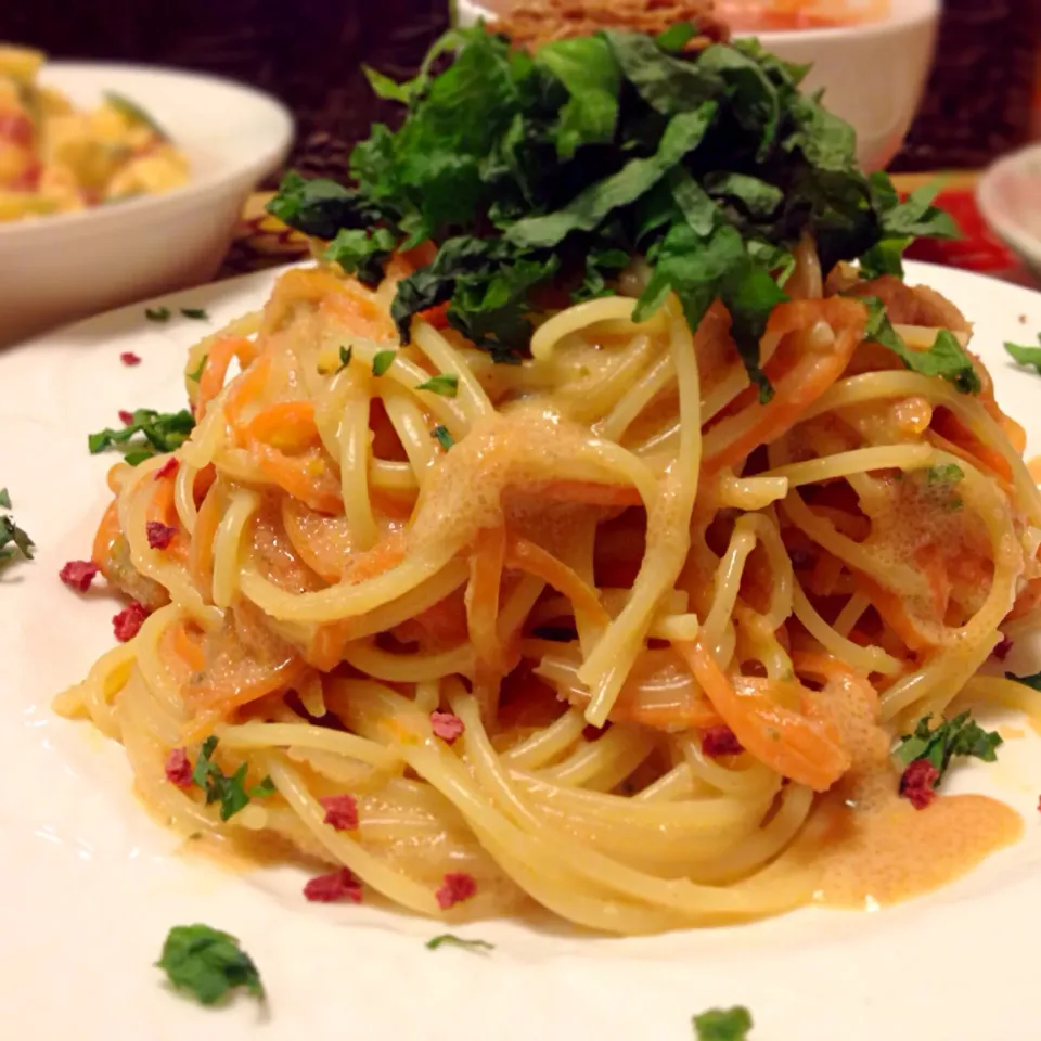 Spaghetti with TARAKO(cod roe)butter cream sauce.   たらこバタークリームパスタ|Yuuki.Mさん