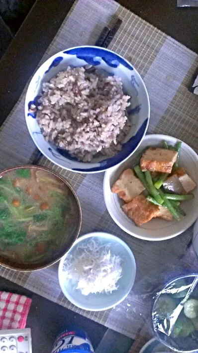 厚揚げとインゲンの煮物&大根おろし&なめこと三葉の味噌汁|まぐろさん