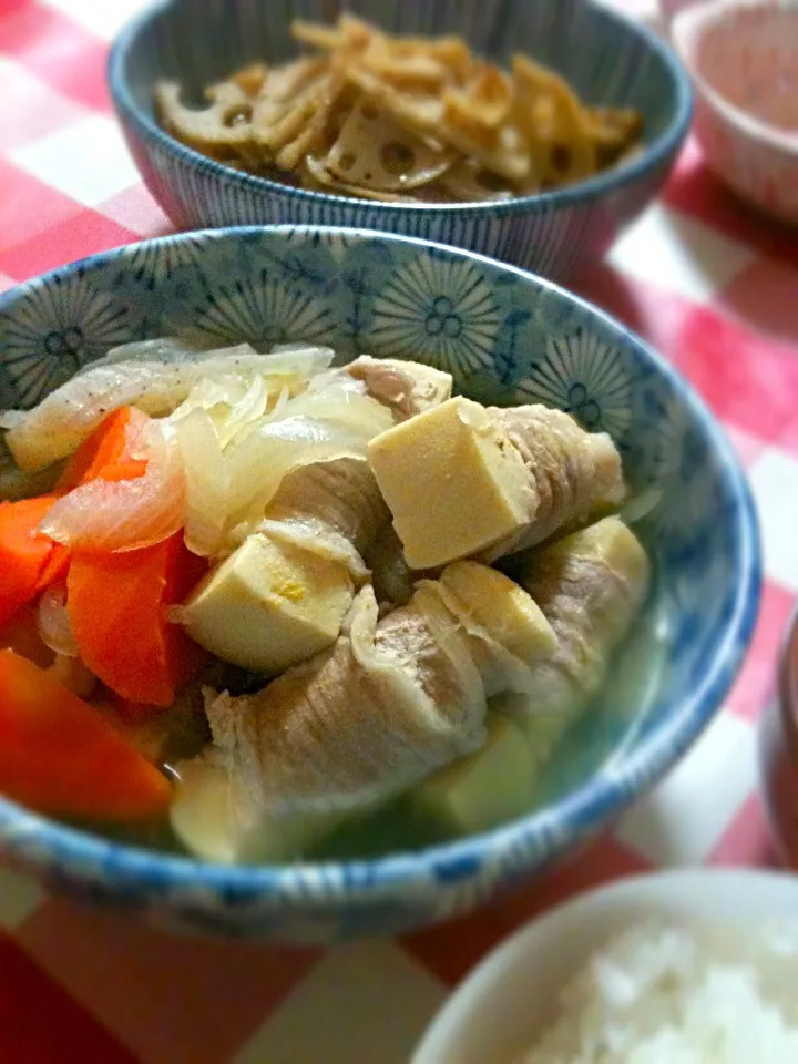 Snapdishの料理写真:高野豆腐の肉巻き＆蓮根のキンピラ|hanakoさん