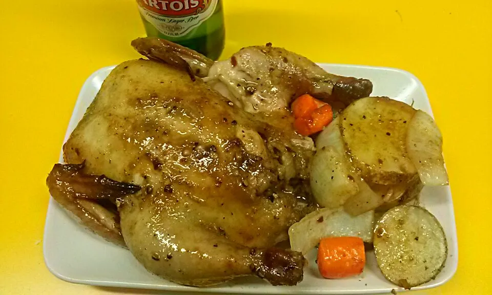 Snapdishの料理写真:hoison sauce cornish hen with oven-baked veggies|jonathan choiさん