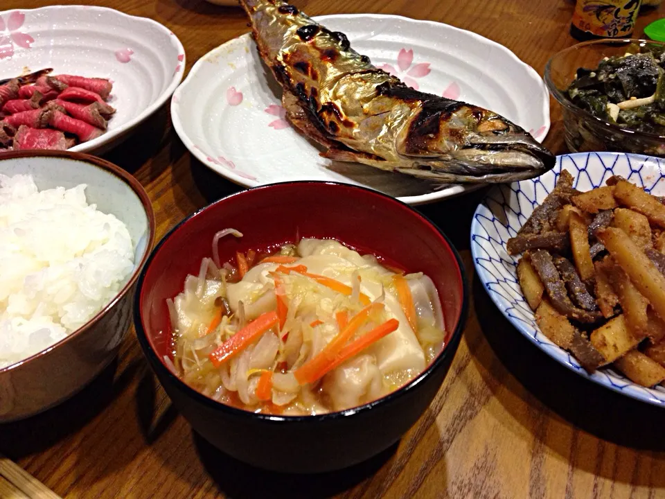 鯖、餃子スープ、じゃがいもきんぴら、イカとワカメの酢味噌和え|Sunawo Fukumotoさん