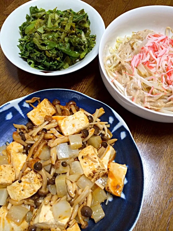 Snapdishの料理写真:焼き豆腐としめじの麻婆炒め☆もやしとカニカマのゴママヨ和え☆大根の葉のナムル|ポン子さん