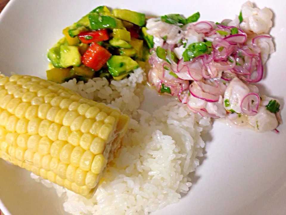 Ceviche, ensalada, arroz y maíz tierno|luz nellyさん