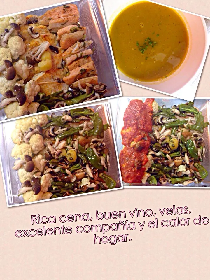 Snapdishの料理写真:Crema de zapallo, verduras y pollo horneado con guiso|luz nellyさん