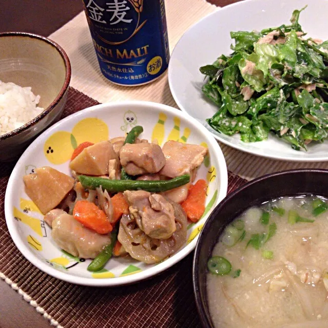 筑前煮 クレソンツナサラダ 味噌汁|さるさん