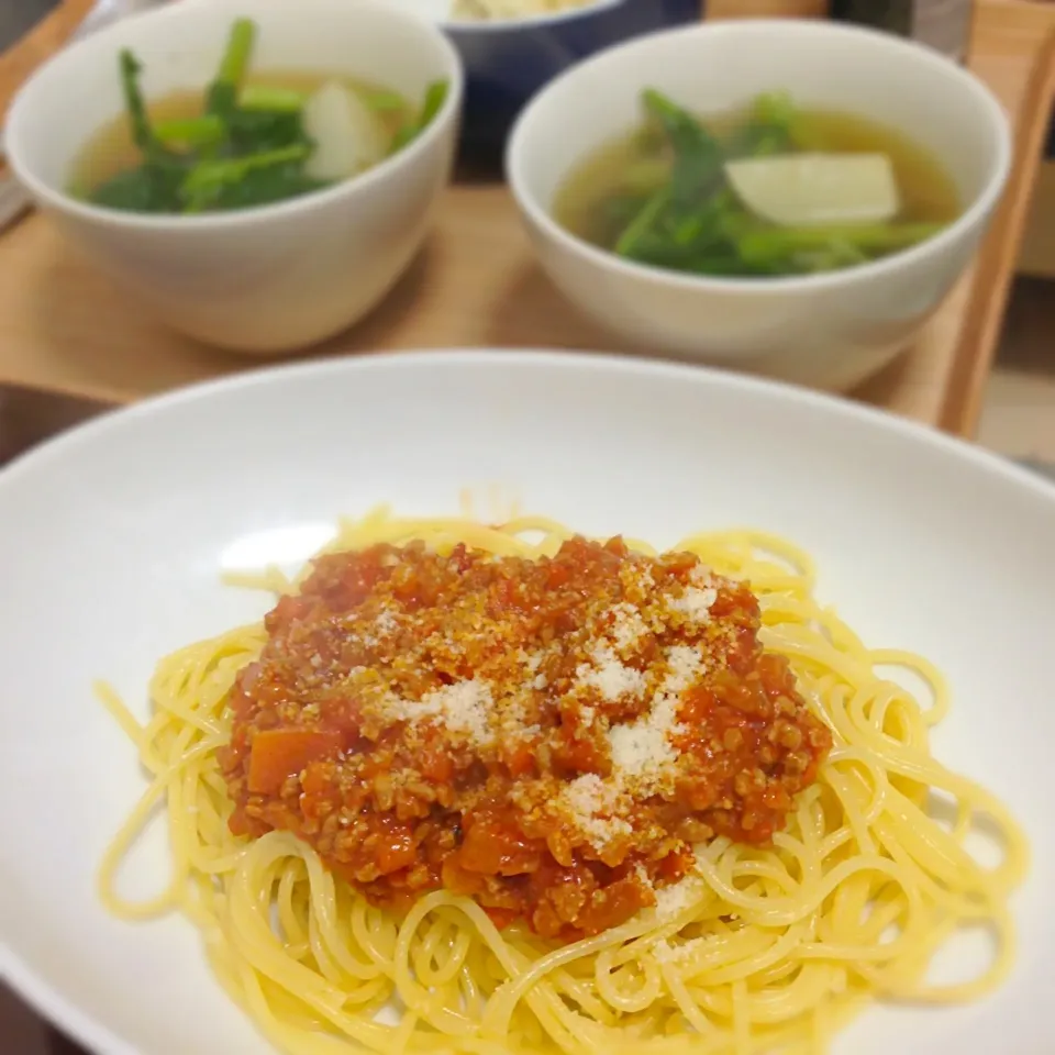 Snapdishの料理写真:12/11晩ご飯:ミートソーススパゲティ|まなみさん