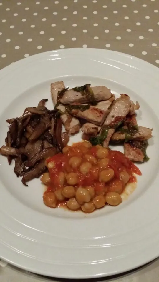 Snapdishの料理写真:roasted oyster mushrooms, marinated pork and chick peas in slow cooked tomato sause|Rebecaさん