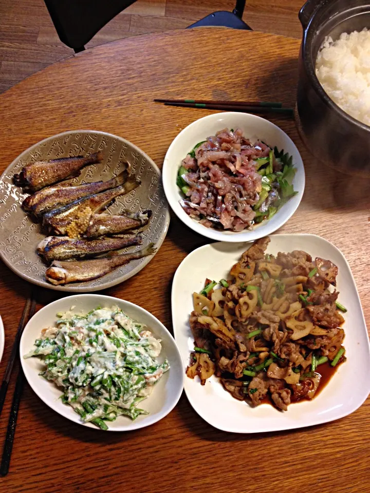 ★れんこんと豚肉のきんぴら★ハタハタのバター焼き★水菜の白和え★あじのたたき|三宅 里美さん