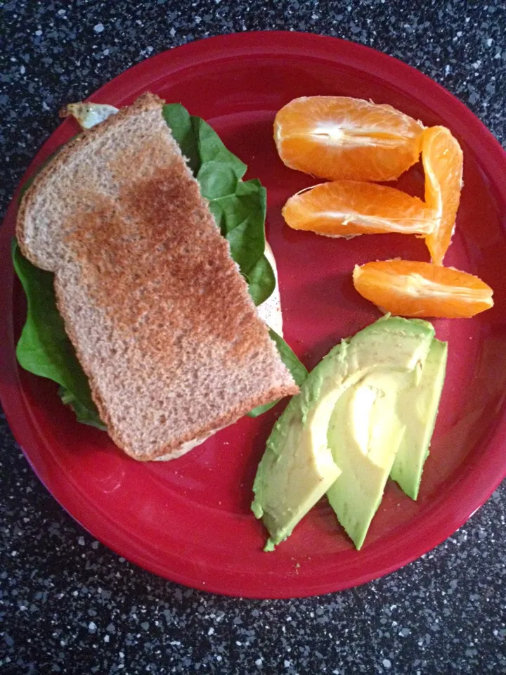 Snapdishの料理写真:Zone Diet Breakfast-Egg Sandwich w/ cheese & turkey, side of fruit and avacado|Tracy Francesさん