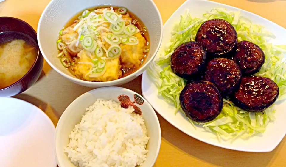 椎茸肉詰めの照り焼き、揚げ出し豆腐、お味噌汁|mikuさん