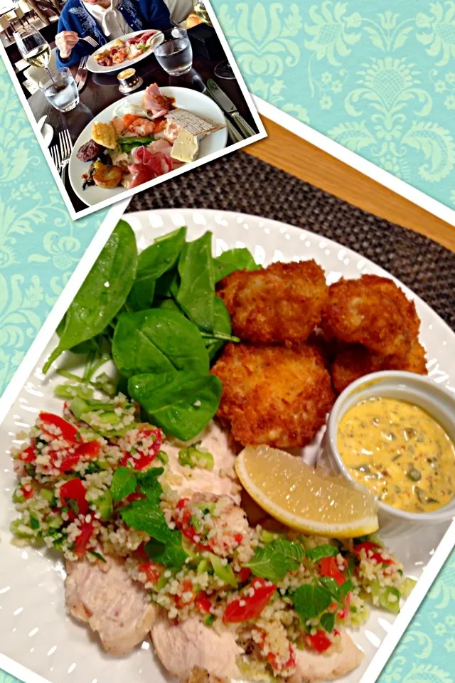 FISH & CHIPS, TABOULE AUX  HERBS & POULET     フレンチキッチンレシピで。フィッシュだけでとクスクスのせチキン😁|😄Koro🌺さん