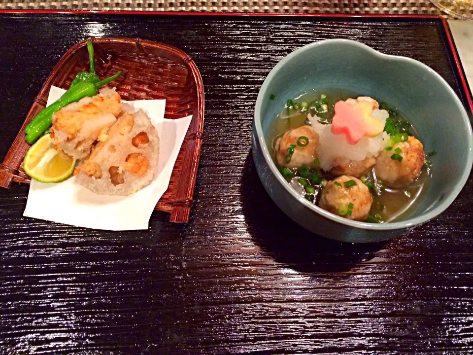 海老の蓮根はさみ揚げ、里芋の揚げ出し|さとみさん