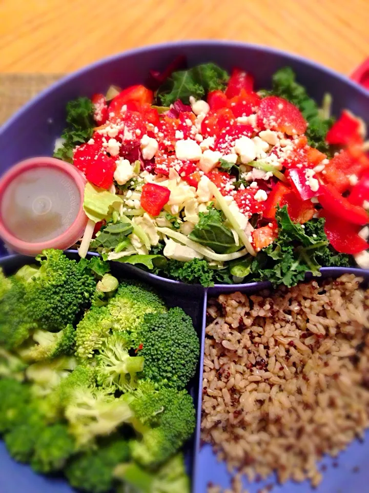 on the go dinner! quinoa&rice, broccoli and roasted eggplant baba ganooj, and kale/romaine salad with red peps and feta|ljさん