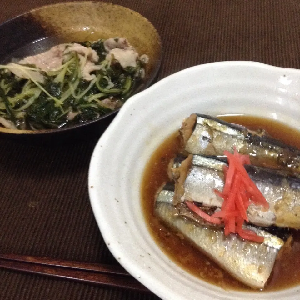 Snapdishの料理写真:秋刀魚しぐれ煮、水菜と豚肉のハリハリ煮|SasaMasa213さん