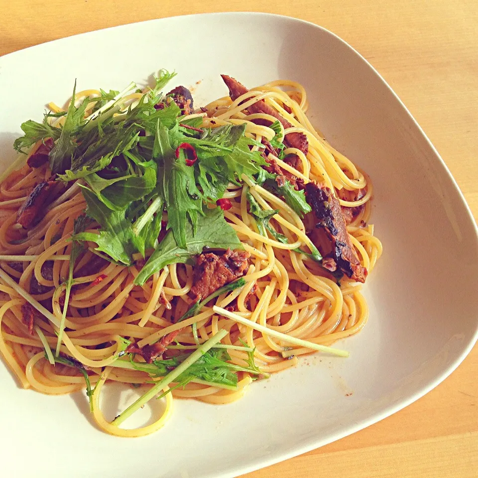 缶詰さんま蒲焼と水菜のパスタ|らいちさん