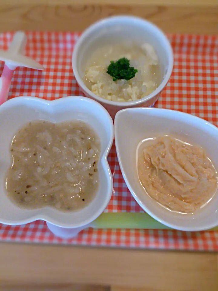 BF 鶏肉と根菜のお粥
鮭と里芋のペースト
豆腐、大根、小松菜の出汁煮|ノキアさん