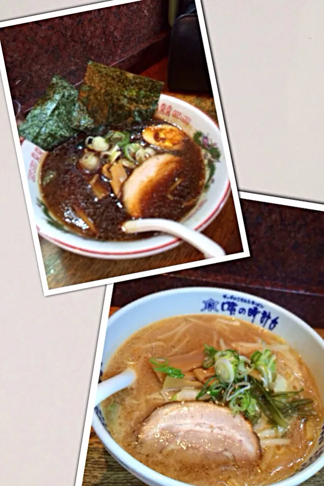 Snapdishの料理写真:帰り道ごはん。味噌ラーメンと熟成生醤油ラーメン。作る人、変わっていて味も変わったよー|しーさん