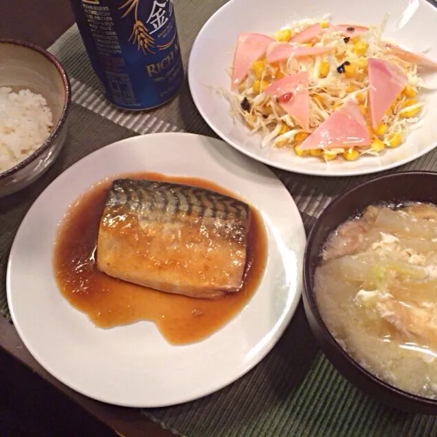 サバみぞれ煮 味噌汁 ハムサラダ|さるさん