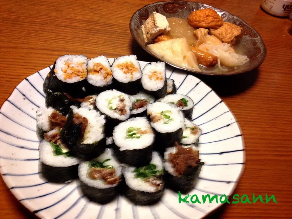 牛肉時雨煮巻き、納豆巻き、おでん🍢最終章+。:.ﾟ٩(๑>◡<๑)۶:.｡+ﾟ写真ブレとるし…(´＿｀。)|かまさん