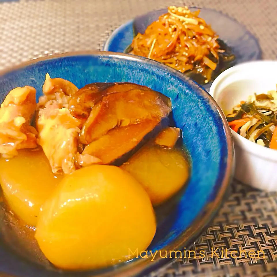 大根と鶏肉の煮物、大根の皮のキンピラ、さきいかで松前漬け|まゆみんさん