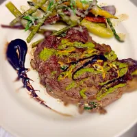 Goat Cheese and sautéed mushroom stuffed Ribeye with asparagus purée with a side of Rainbow carrots and wine reduction sauce|kirby gholsonさん