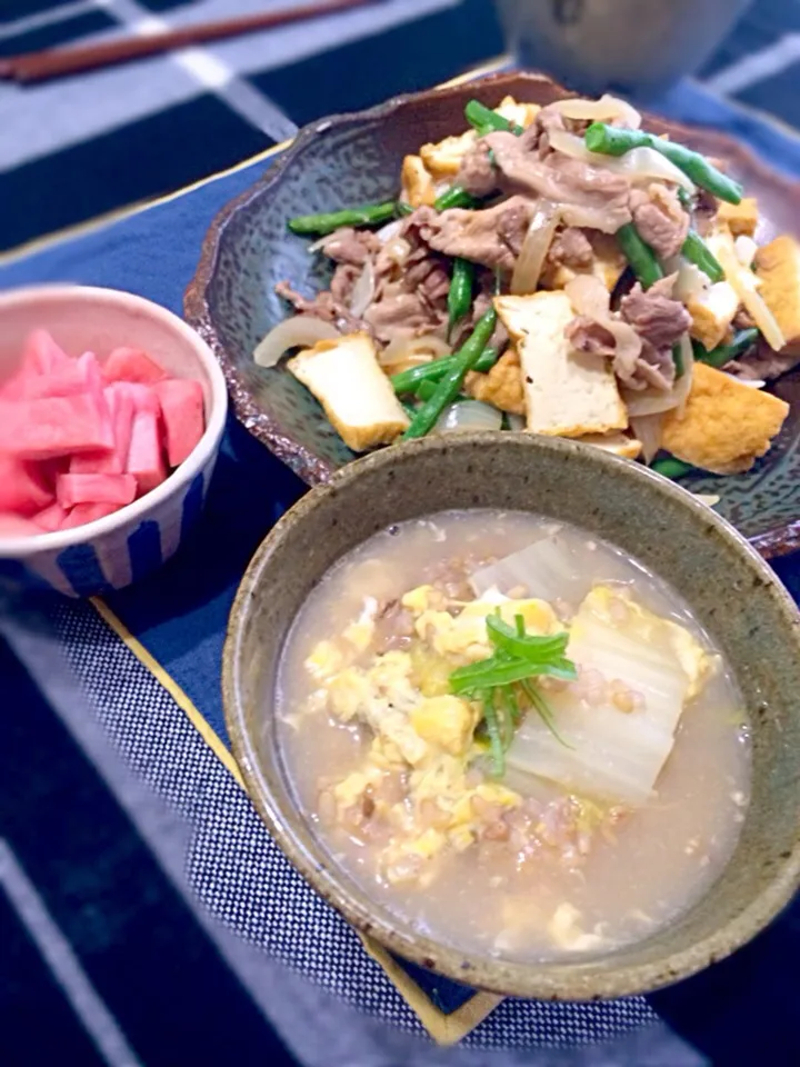 昨日の海鮮鍋からの〜雑炊と豚肉と厚揚げのタンパク質炒め|こら7さん