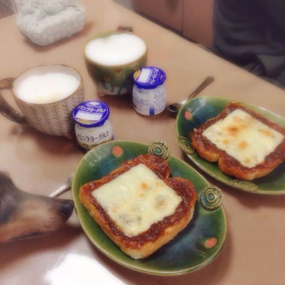 Snapdishの料理写真:玉子もソーセージもみかんも野菜も要らんてさ。楽ちん'+.(・∀・)゜+.゜昨晩作った玉葱デミソースでチーズトーストな朝。|うさ爺さん