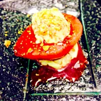 Snapdishの料理写真:Red wine poached pear with pistachio mascarpone and red wine reduction.|Chef Moussa Salloukhさん