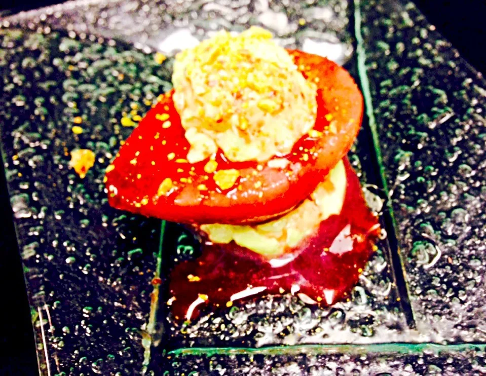 Red wine poached pear with pistachio mascarpone and red wine reduction.|Chef Moussa Salloukhさん