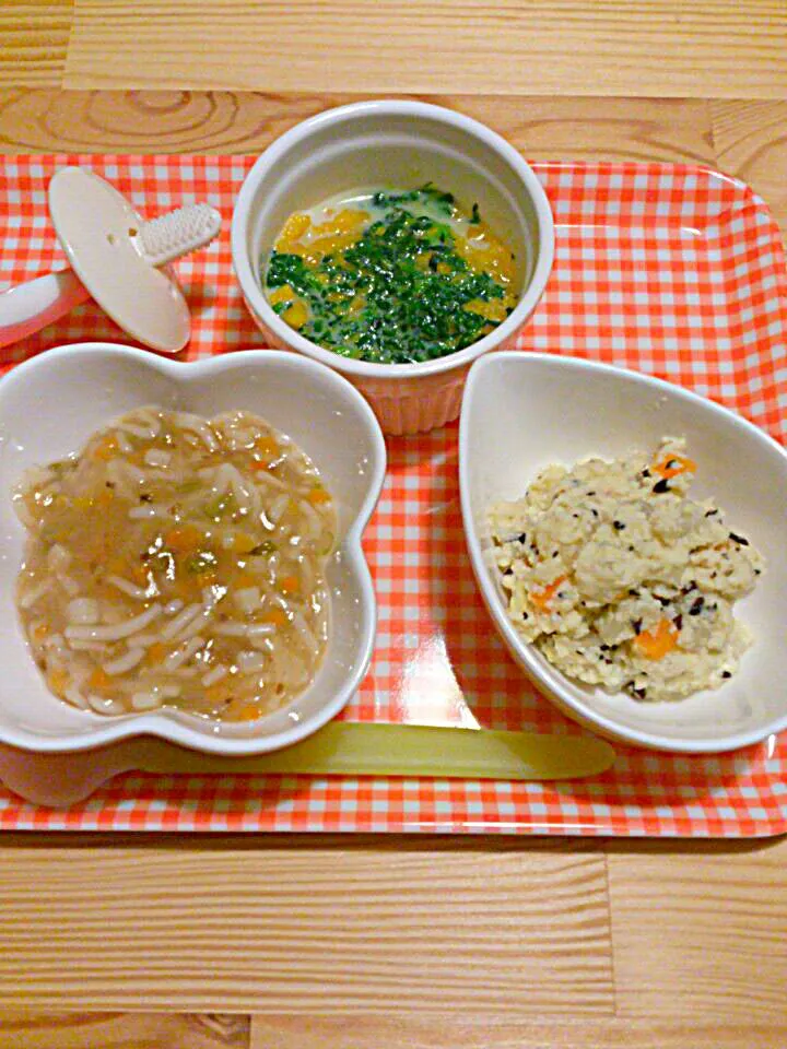 BF 白身魚と野菜のにゅうめん 
高野豆腐、ひじき、カブ、人参、白菜煮
カボチャ、ほうれん草のミルク煮|ノキアさん