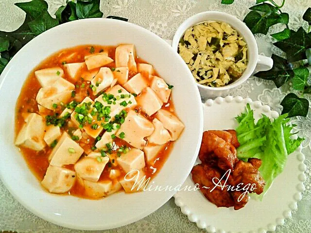 麻婆丼・唐揚げ・卵スープ|みんなのあねごさん