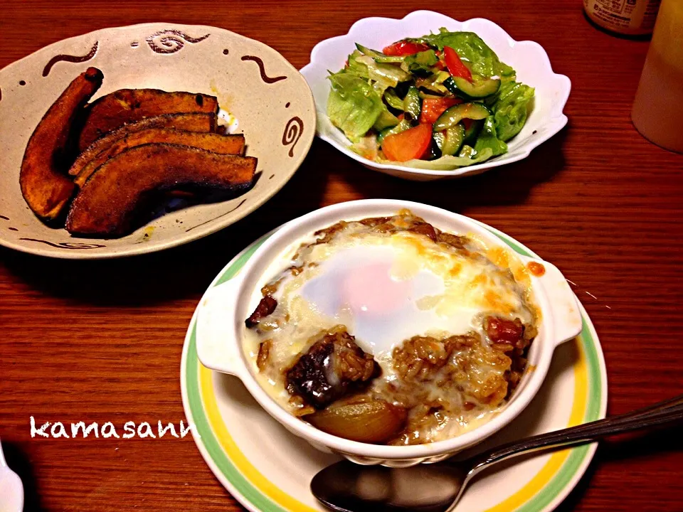 カレー二日目、焼きカレー🍛  冬至なので、かぼちゃのソテー🎃|かまさん