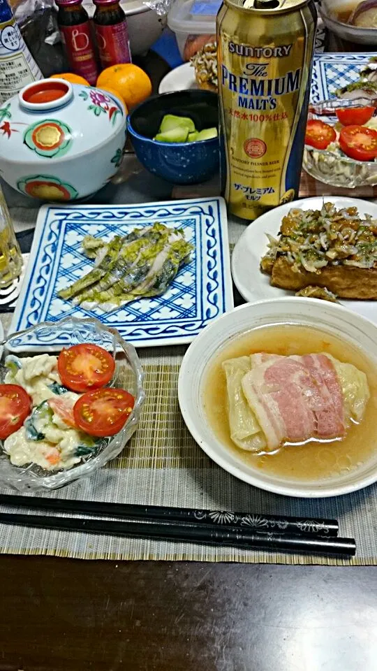 Snapdishの料理写真:シメサバ＆厚揚げ＆ロールキャベツ＆ポテトサラダ|まぐろさん