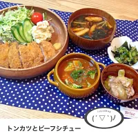 Snapdishの料理写真:トンカツとビーフシチュー|ともちんさん