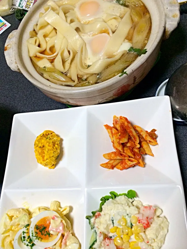 #夕飯 One-Plate サラダ、ひもかわうどん鍋。あったまったよーー体があったまったよーー|ms903さん