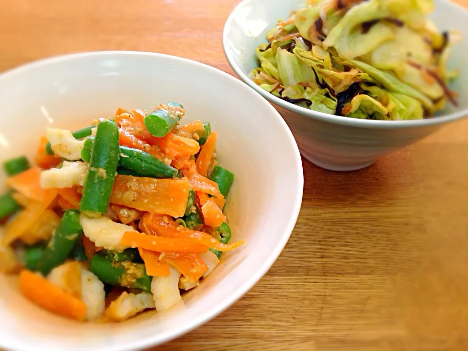 いんげんとにんじんの胡麻味噌和え、キャベツのアミ塩昆布蒸し|noryさん