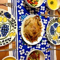 鳥の丸焼き マグロとアボカドのごま山葵醤油和え パプリカクリスマスサラダ かぼちゃポタージュ|美和さん