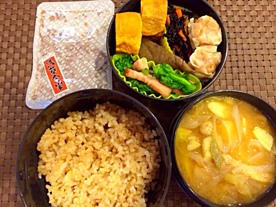 玄米ご飯 浅草今半の牛肉ふりかけ、崎陽軒の焼売、菜の花とベーコンソテー、卵焼き、ひじき煮、油揚げと鳴門金時と深谷ネギのお味噌汁|えぴもんさん