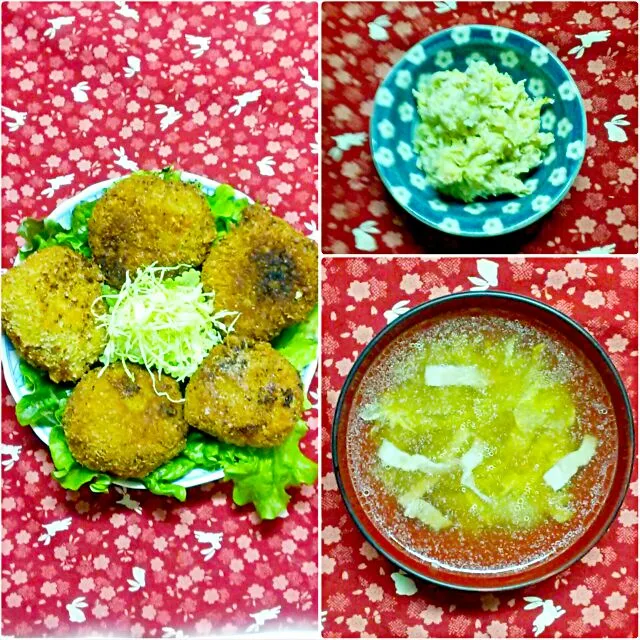 カレーチーズコロッケ
千切りキャベツ
白菜のサラダ
白菜の中華スープ|猫田さん