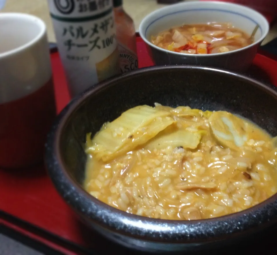 単身朝ごはん  雑穀のリゾットと和風トマトスープ|ぽんたさん