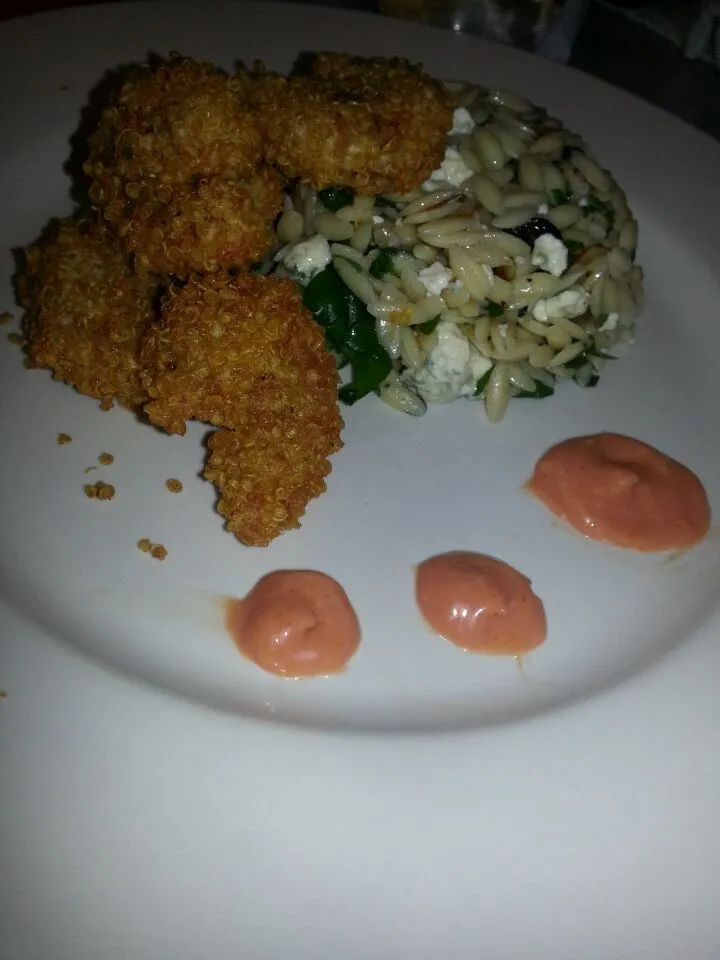 Snapdishの料理写真:quinoa breaded shrimp with a dried cranberry orzo arugula gorgonzola cheese salad with a lemon dijon dressing.  ofcourse I could have plated this different clea|Monique Whiteさん