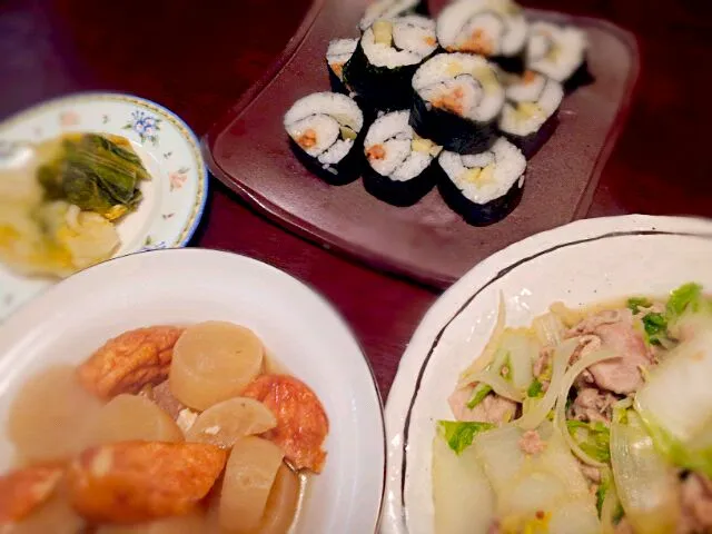 ☆大根と魚河岸の煮物
☆白菜と豚肉の塩糀炒め
☆納豆とたくあんののり巻き
☆白菜漬け物|りえぞ～さん