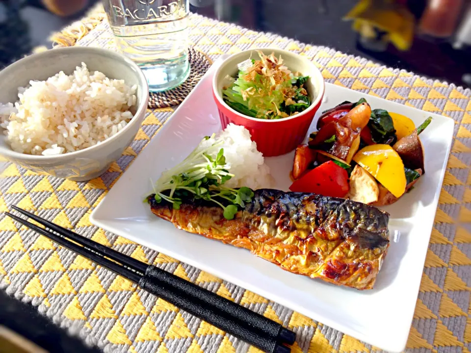 焼き鯖＆椎茸と彩り野菜炒め&水菜のお浸し定食♪|Nonさん