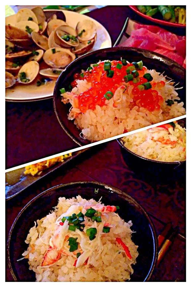 カニご飯とハマグリの酒蒸し|しょこちゅーさん