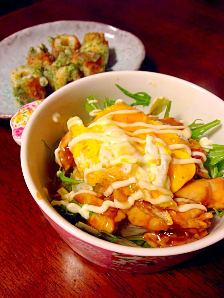 ささみ照り焼き丼と竹輪の磯辺揚げ꒰ ♡´∀`♡ ꒱|さくたえさん